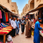 **A bustling Libyan marketplace, with vendors selling goods and people speaking Arabic. Focus on the vibrant colors of the clothing and the energy of the scene.**