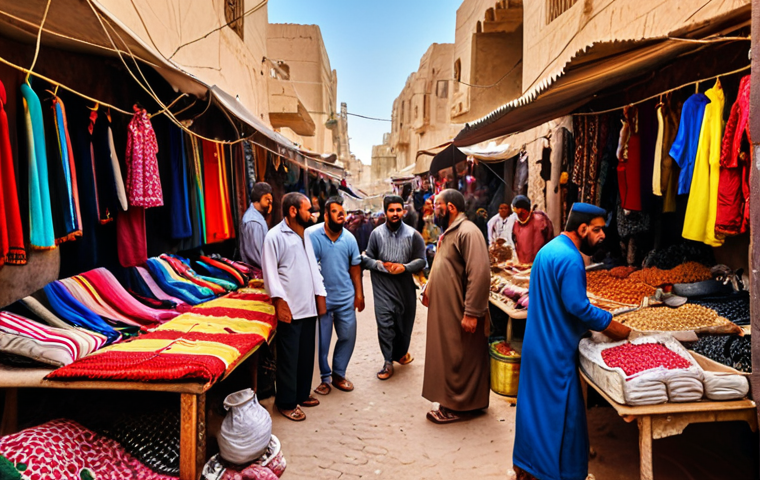 **A bustling Libyan marketplace, with vendors selling goods and people speaking Arabic. Focus on the vibrant colors of the clothing and the energy of the scene.**