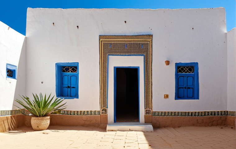 **Prompt:** Traditional Libyan house, white walls, central courtyard with plants, small windows, bright sunlight, clear blue sky, desert background, sense of coolness and tranquility.