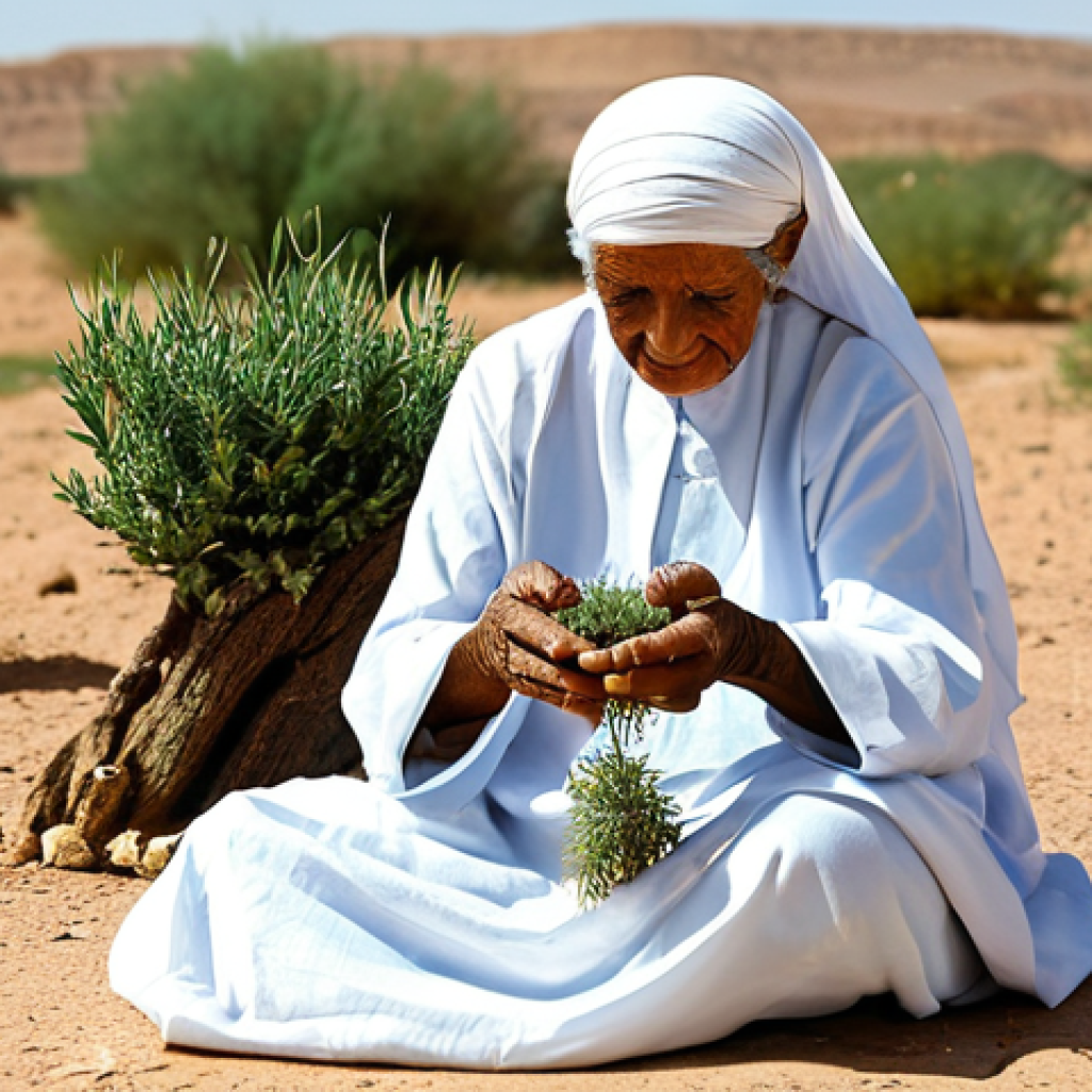 **
A wise, elderly Libyan woman, a traditional healer, with a calm and serene expression, dressed in modest, flowing traditional attire. She is gently holding and examining a small desert plant, its roots visible, in her well-formed hands. The scene is set in an arid, sun-drenched desert landscape, with faint traditional dwellings in the distant background. Soft natural light bathes the scene, emphasizing the connection to nature and ancient wisdom. Perfect anatomy, correct proportions, natural pose, proper finger count, natural body proportions, professional photography, high quality, fully clothed, appropriate attire, modest, safe for work, appropriate content, family-friendly.

**