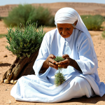 **
A wise, elderly Libyan woman, a traditional healer, with a calm and serene expression, dressed in modest, flowing traditional attire. She is gently holding and examining a small desert plant, its roots visible, in her well-formed hands. The scene is set in an arid, sun-drenched desert landscape, with faint traditional dwellings in the distant background. Soft natural light bathes the scene, emphasizing the connection to nature and ancient wisdom. Perfect anatomy, correct proportions, natural pose, proper finger count, natural body proportions, professional photography, high quality, fully clothed, appropriate attire, modest, safe for work, appropriate content, family-friendly.

**