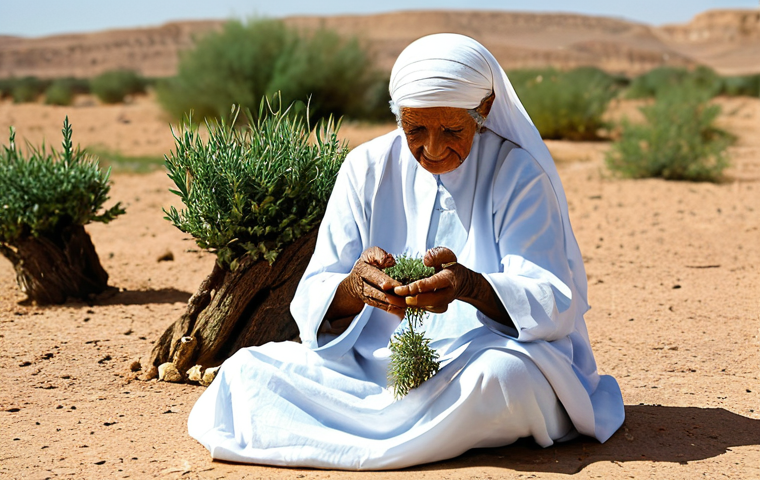 **
A wise, elderly Libyan woman, a traditional healer, with a calm and serene expression, dressed in modest, flowing traditional attire. She is gently holding and examining a small desert plant, its roots visible, in her well-formed hands. The scene is set in an arid, sun-drenched desert landscape, with faint traditional dwellings in the distant background. Soft natural light bathes the scene, emphasizing the connection to nature and ancient wisdom. Perfect anatomy, correct proportions, natural pose, proper finger count, natural body proportions, professional photography, high quality, fully clothed, appropriate attire, modest, safe for work, appropriate content, family-friendly.

**