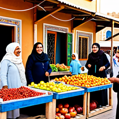 A vibrant outdoor market scene in a Libyan town. Fully clothed Libyan women in modest, traditional attire are engaging in cheerful conversation while browsing stalls filled with fresh produce and handcrafted goods. In the background, children are playing nearby, their faces lit with joy. The setting showcases daily life with traditional architecture and warm, natural lighting. safe for work, appropriate content, fully clothed, family-friendly, perfect anatomy, correct proportions, natural pose, well-formed hands, proper finger count, natural body proportions, professional photography, high quality.