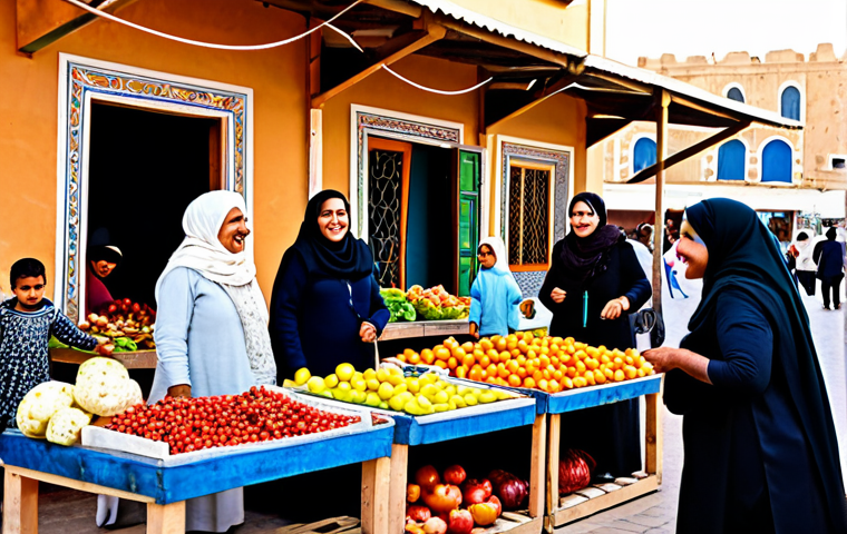 A vibrant outdoor market scene in a Libyan town. Fully clothed Libyan women in modest, traditional attire are engaging in cheerful conversation while browsing stalls filled with fresh produce and handcrafted goods. In the background, children are playing nearby, their faces lit with joy. The setting showcases daily life with traditional architecture and warm, natural lighting. safe for work, appropriate content, fully clothed, family-friendly, perfect anatomy, correct proportions, natural pose, well-formed hands, proper finger count, natural body proportions, professional photography, high quality.