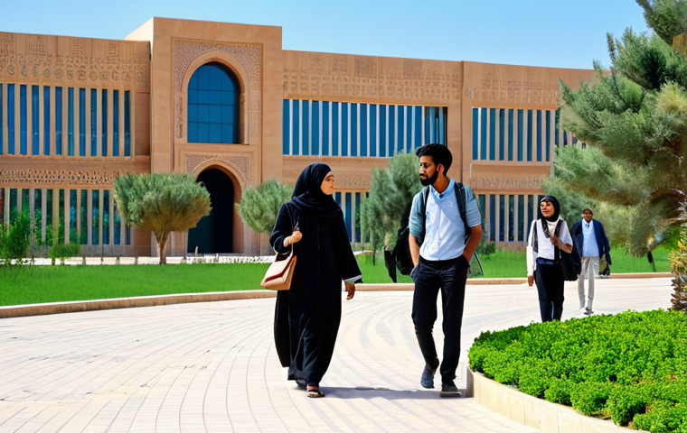 **

"A modern Libyan university campus scene, featuring students in modest, professional attire walking between buildings. Architecture should blend traditional Libyan styles with contemporary design. Include lush greenery and a clear blue sky. Focus on a diverse group of students engaged in academic discussion. Safe for work, appropriate content, fully clothed, professional, perfect anatomy, correct proportions, natural pose, high quality."

**