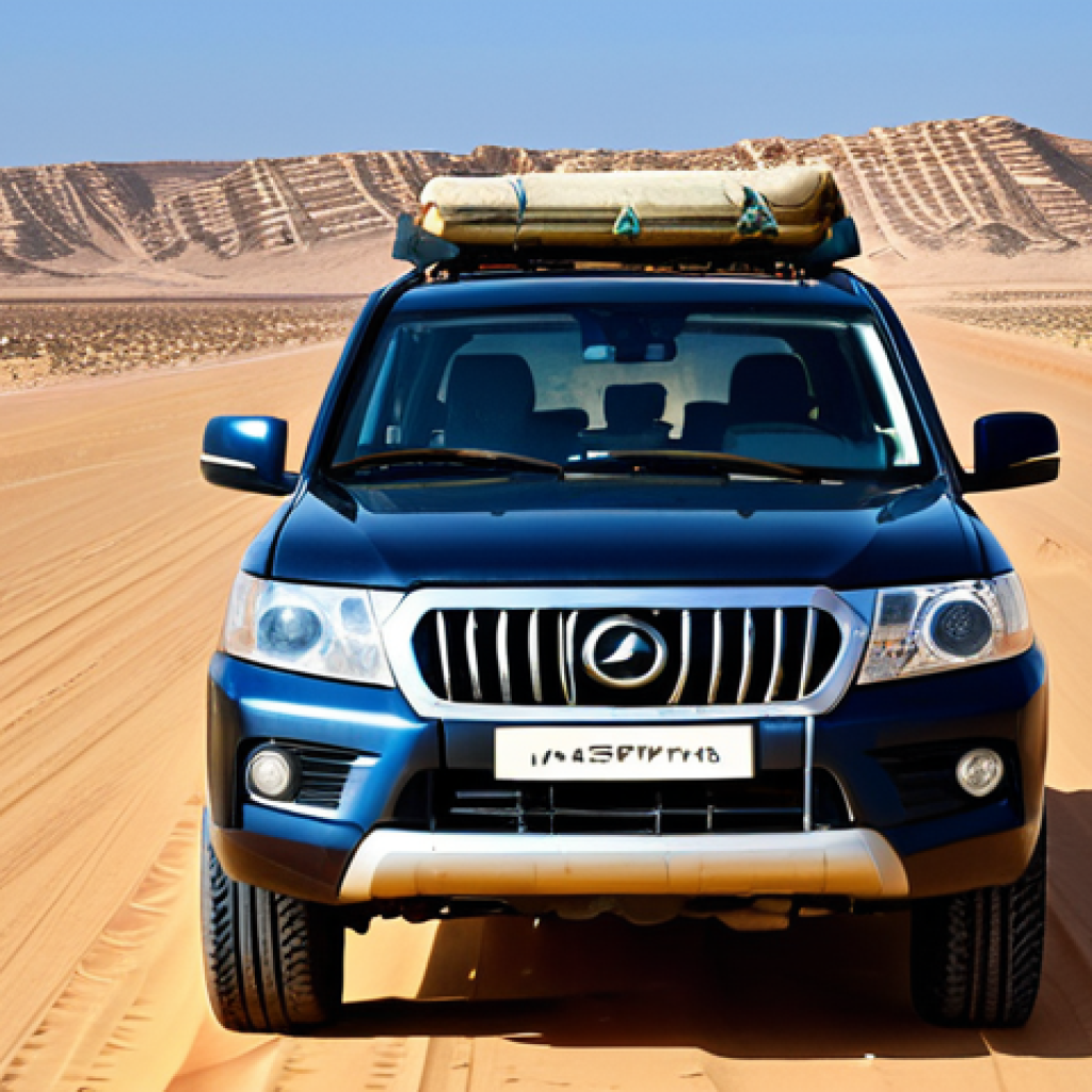 Desert Road Trip** "A fully clothed traveler in modest attire driving a 4x4 vehicle across a vast desert landscape in Libya, appropriate content, safe for work. The vehicle is kicking up sand, with clear blue skies overhead. Perfect anatomy, correct proportions, natural pose, professional photography, high quality." **