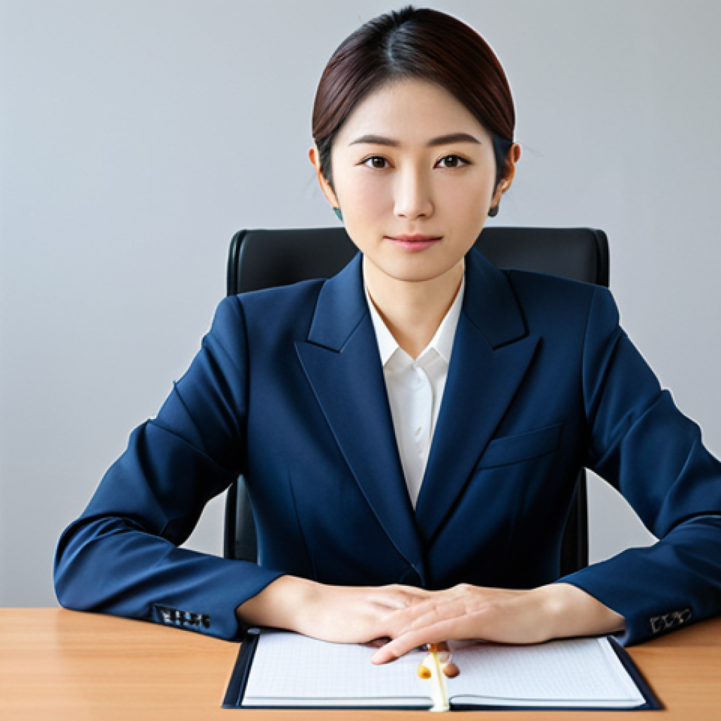 리비아에서 자주 사용되는 관용구와 속담 - ** A professional Japanese businesswoman in a modest, tailored business suit, sitting at a clean de...