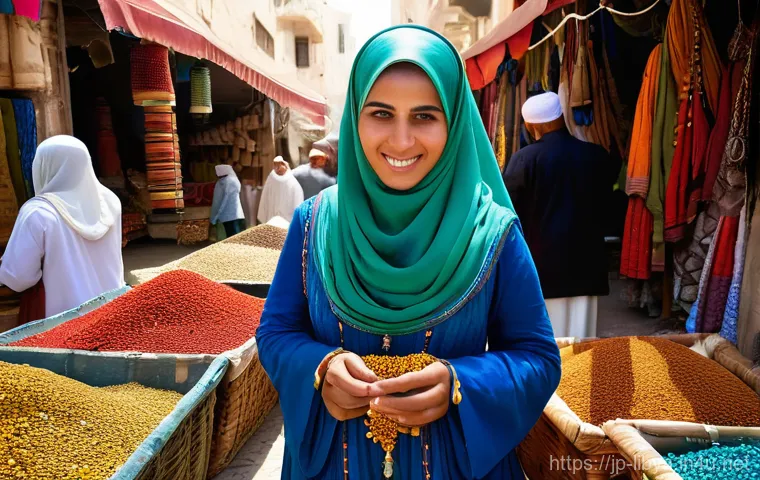 리비아에서 여성 여행자의 주의사항 - Prompt 1: Cultural Grace in a Libyan Souk**