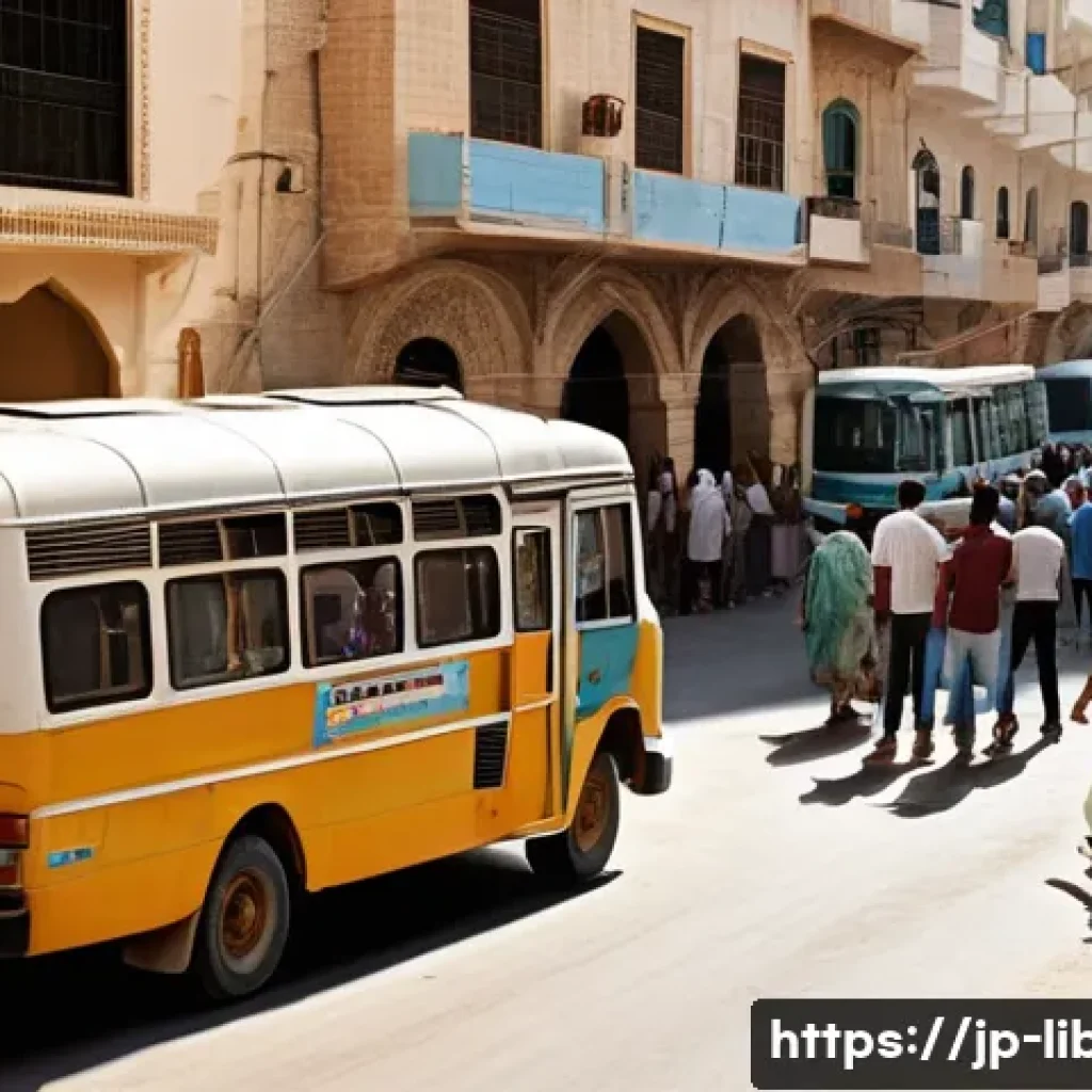 리비아 교통 시스템 및 이용법 - A bustling urban street scene in Tripoli, Libya, showcasing a variety of city buses with visible rou...