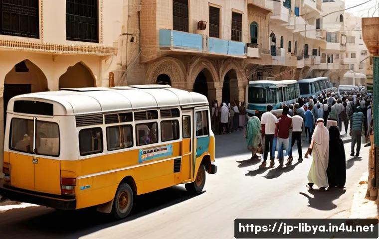 리비아 교통 시스템 및 이용법 - A bustling urban street scene in Tripoli, Libya, showcasing a variety of city buses with visible rou...