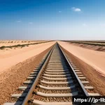 리비아의 철도망과 항공 산업 - A vast Libyan desert landscape under a bright blue sky, featuring a modern railway line cutting thro...