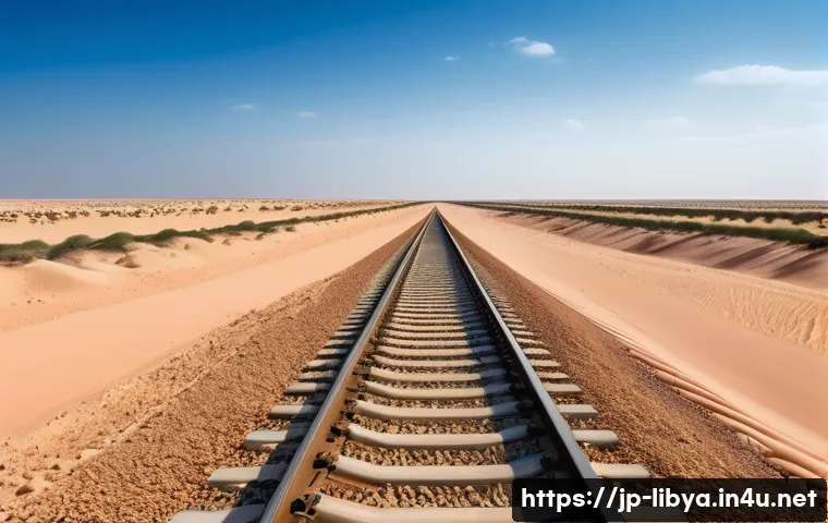 리비아의 철도망과 항공 산업 - A vast Libyan desert landscape under a bright blue sky, featuring a modern railway line cutting thro...