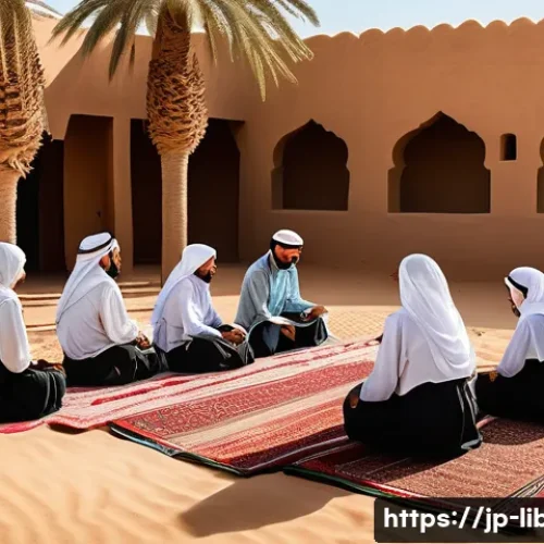 리비아에서 배우는 이슬람 율법 학교 - A traditional Libyan madrasa classroom scene in a desert village, featuring a group of modestly dres...