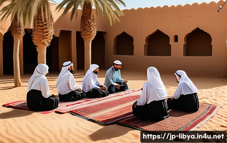 리비아에서 배우는 이슬람 율법 학교 - A traditional Libyan madrasa classroom scene in a desert village, featuring a group of modestly dres...