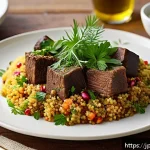 리비아 음식 문화와 특징 - A vibrant Mediterranean Libyan dining table scene featuring a steaming plate of couscous topped with...