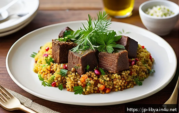 리비아 음식 문화와 특징 - A vibrant Mediterranean Libyan dining table scene featuring a steaming plate of couscous topped with...