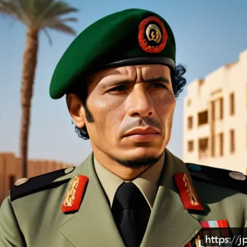 무아마르 가다피 정권과 몰락 - A detailed portrait of a young Muammar Gaddafi in military uniform during the 1969 Libyan coup, set ...