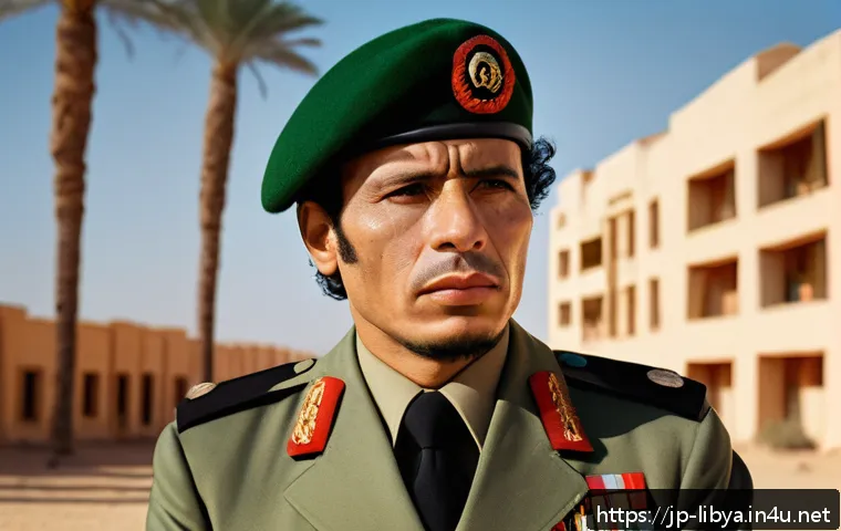 무아마르 가다피 정권과 몰락 - A detailed portrait of a young Muammar Gaddafi in military uniform during the 1969 Libyan coup, set ...