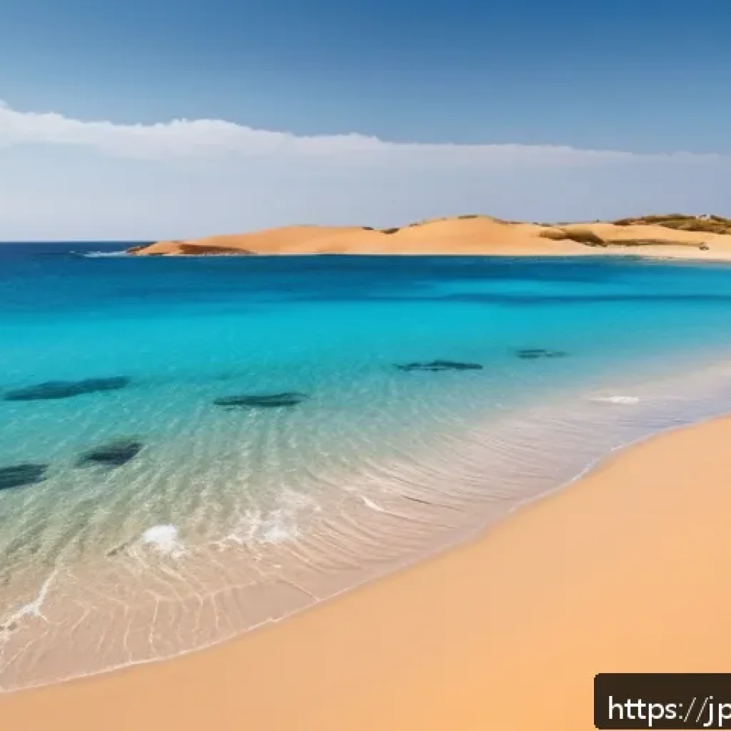 리비아의 해변과 휴양지 추천 - A serene Mediterranean beach scene at Sabra Beach, Libya, featuring crystal-clear turquoise waters g...