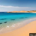 리비아의 해변과 휴양지 추천 - A serene Mediterranean beach scene at Sabra Beach, Libya, featuring crystal-clear turquoise waters g...