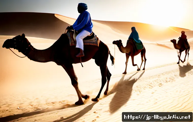 리비아의 전통 스포츠와 경기 방식 - Photorealistic traditional Libyan camel race across a wide desert track, two adult riders in modest ...