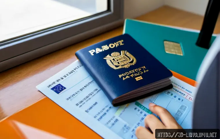 리비아 입국 비자 및 절차 - Photorealistic travel visa preparation scene for Libya, Japanese adult traveler seated at a clean de...