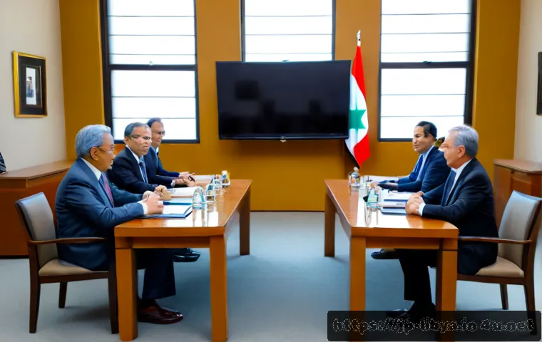 리비아와 미국의 정치적 관계 - Photorealistic diplomatic meeting between Libyan and American officials in a neutral modern conferen...