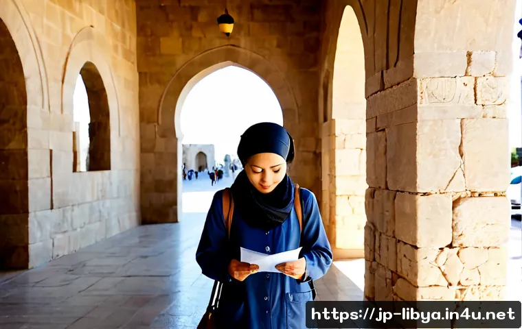 리비아 관광 시 주의할 점 - Photorealistic travel safety scene in Libya, a modestly dressed Japanese female traveler wearing lon...