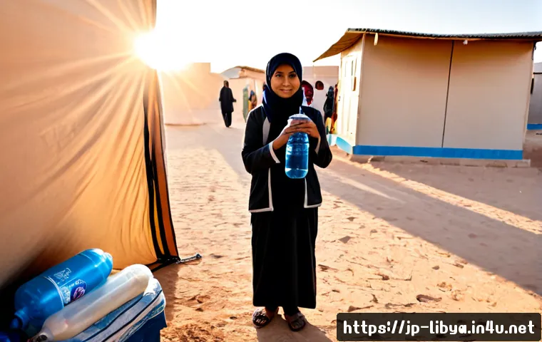 리비아의 난민 문제와 인권 상황 - Photorealistic humanitarian scene in Libya, a refugee mother wearing modest everyday clothing and tw...